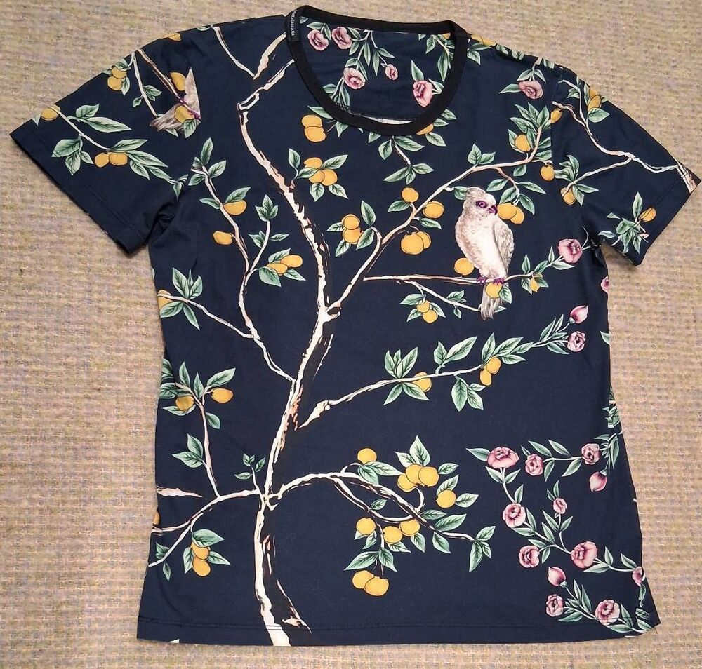 Dolce Gabbana mens small graphic tshirt bird on a tree blue yellow shortsleeve
